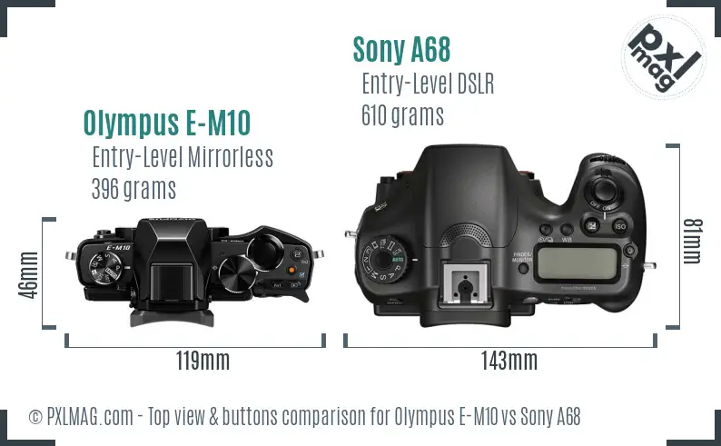 Olympus E-M10 vs Sony A68 top view buttons comparison