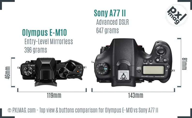 Olympus E-M10 vs Sony A77 II top view buttons comparison