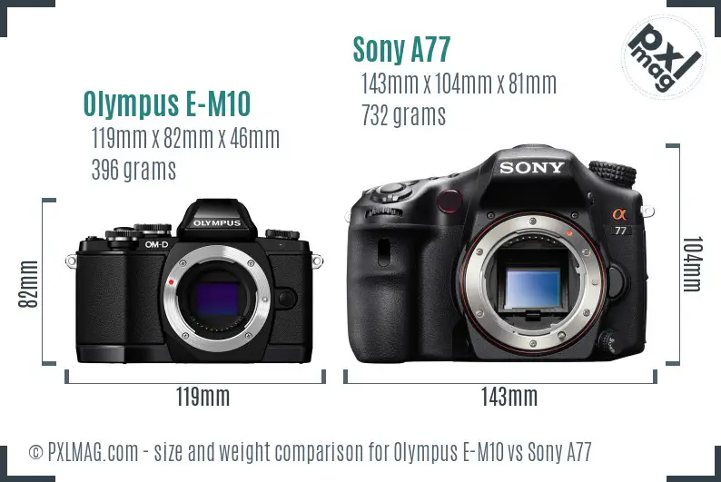 Olympus E-M10 vs Sony A77 size comparison