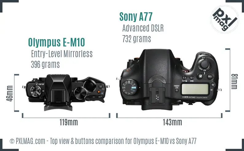 Olympus E-M10 vs Sony A77 top view buttons comparison