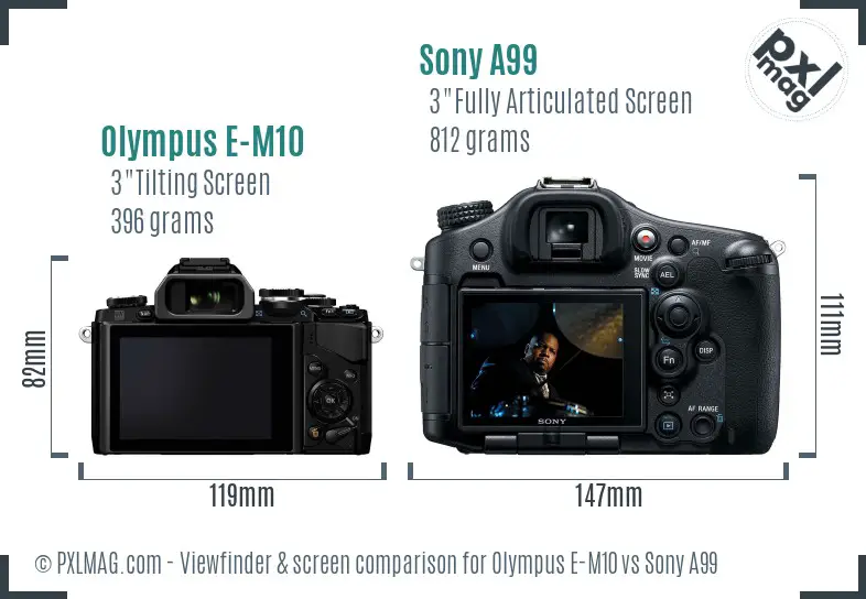 Olympus E-M10 vs Sony A99 Screen and Viewfinder comparison