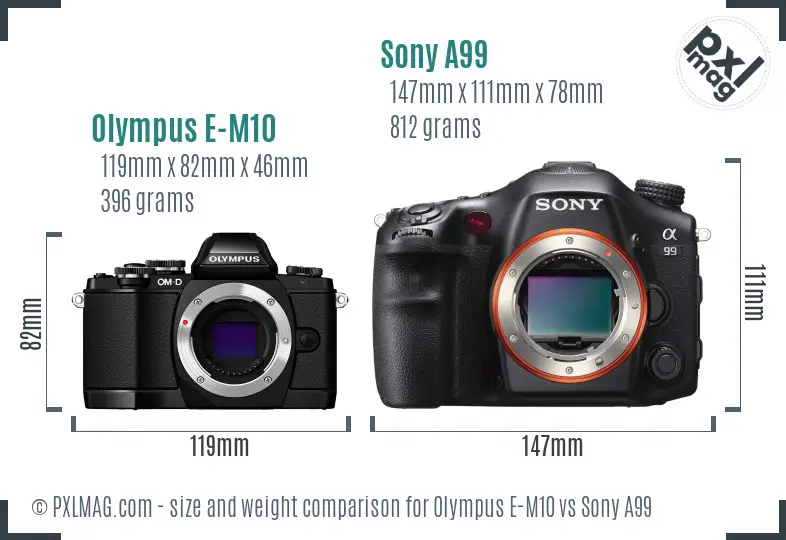 Olympus E-M10 vs Sony A99 size comparison