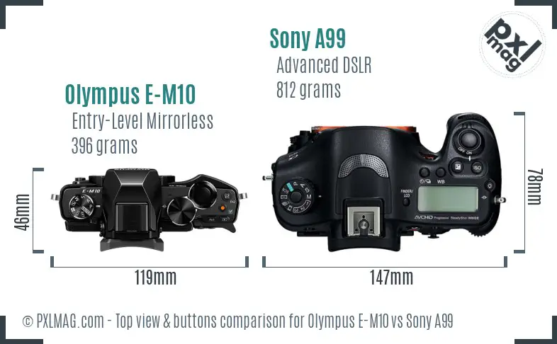 Olympus E-M10 vs Sony A99 top view buttons comparison
