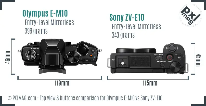 Olympus E-M10 vs Sony ZV-E10 top view buttons comparison