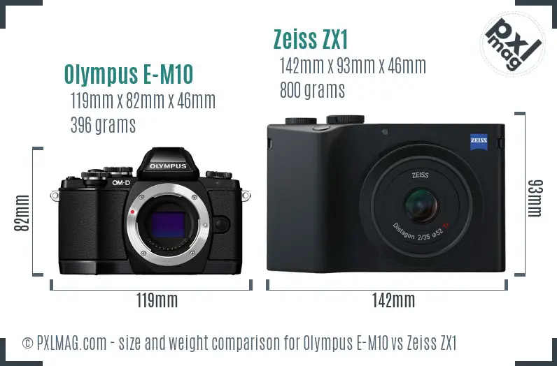 Olympus E-M10 vs Zeiss ZX1 size comparison