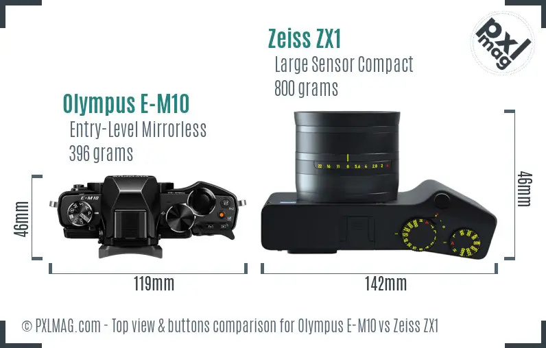 Olympus E-M10 vs Zeiss ZX1 top view buttons comparison