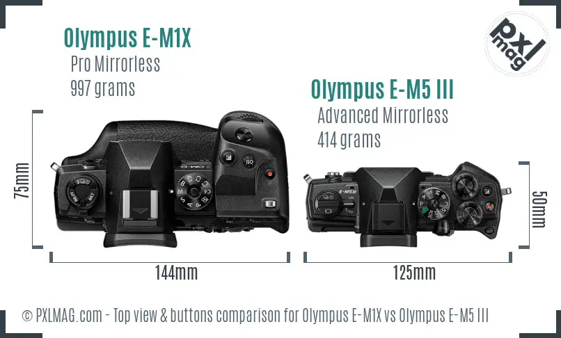 Olympus E-M1X vs Olympus E-M5 III top view buttons comparison