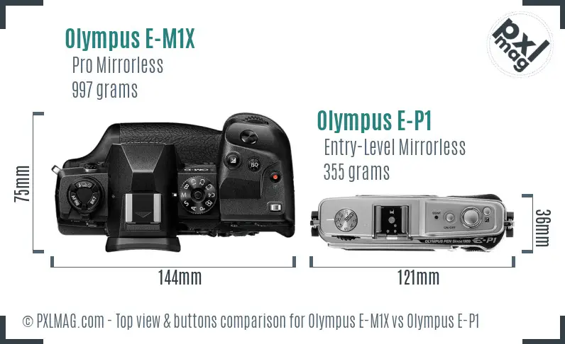 Olympus E-M1X vs Olympus E-P1 top view buttons comparison
