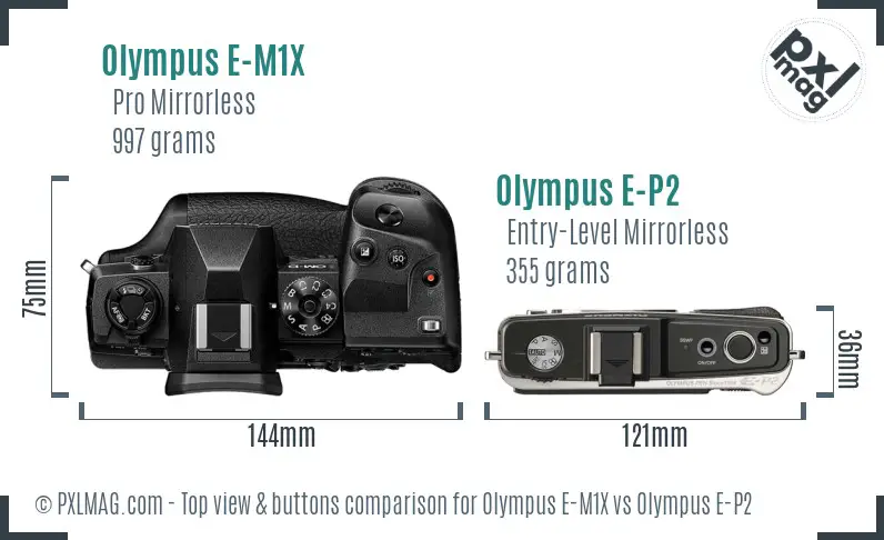 Olympus E-M1X vs Olympus E-P2 top view buttons comparison