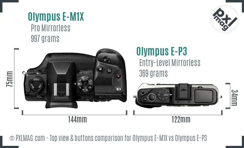 Olympus E-M1X vs Olympus E-P3 top view buttons comparison