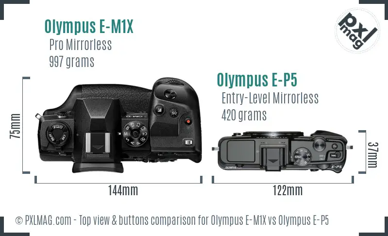 Olympus E-M1X vs Olympus E-P5 top view buttons comparison