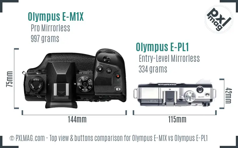 Olympus E-M1X vs Olympus E-PL1 top view buttons comparison