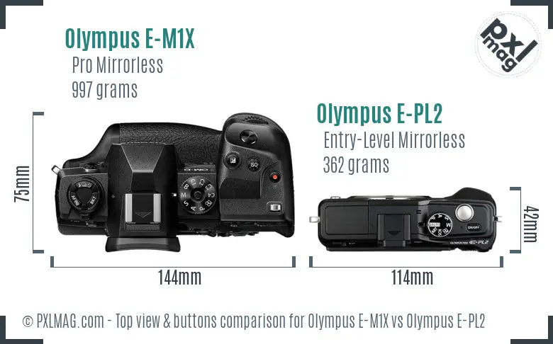 Olympus E-M1X vs Olympus E-PL2 top view buttons comparison