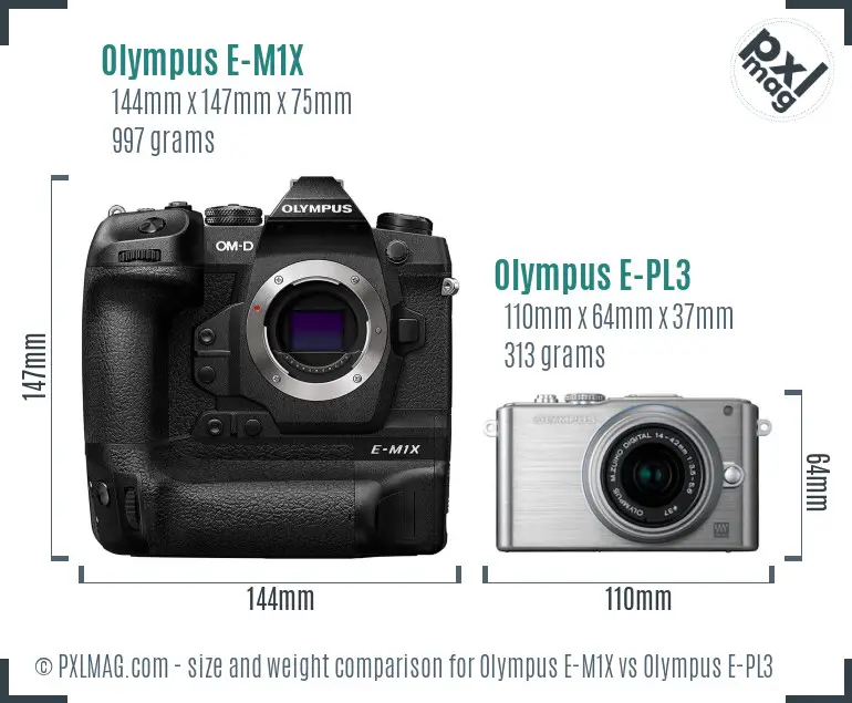Olympus E-M1X vs Olympus E-PL3 size comparison