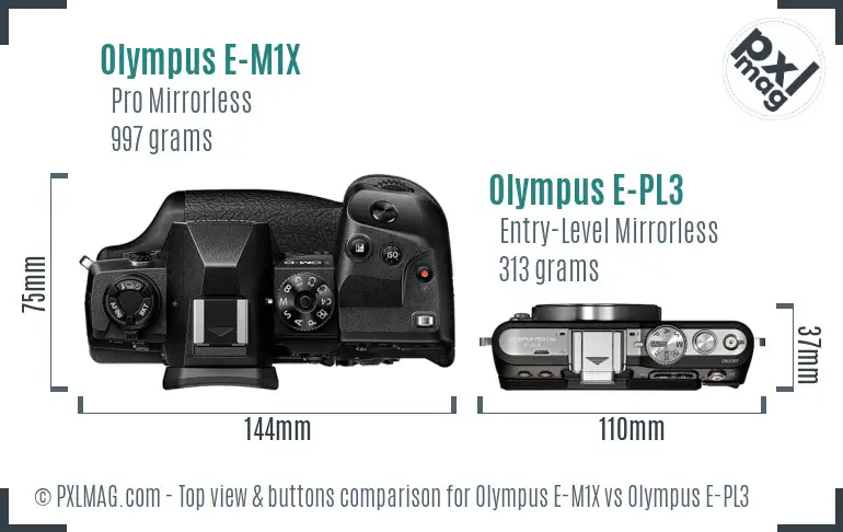 Olympus E-M1X vs Olympus E-PL3 top view buttons comparison