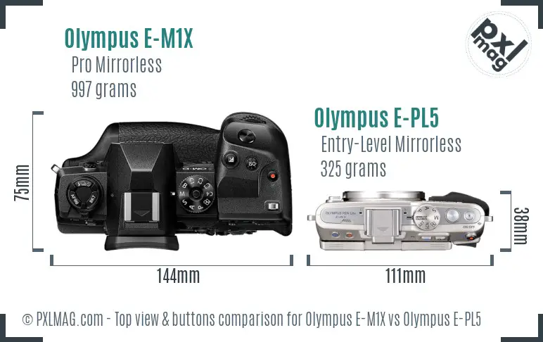 Olympus E-M1X vs Olympus E-PL5 top view buttons comparison