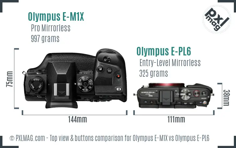 Olympus E-M1X vs Olympus E-PL6 top view buttons comparison