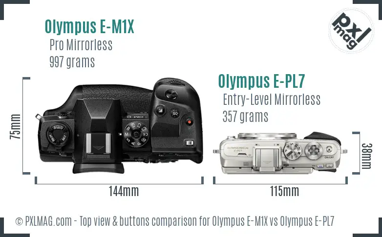 Olympus E-M1X vs Olympus E-PL7 top view buttons comparison