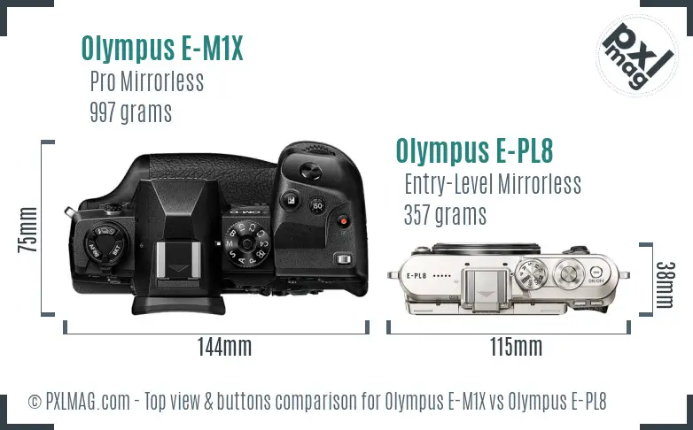 Olympus E-M1X vs Olympus E-PL8 top view buttons comparison
