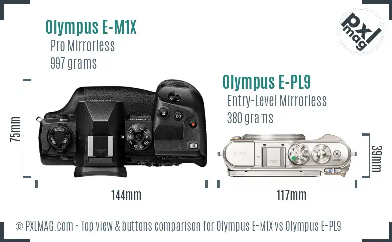 Olympus E-M1X vs Olympus E-PL9 top view buttons comparison