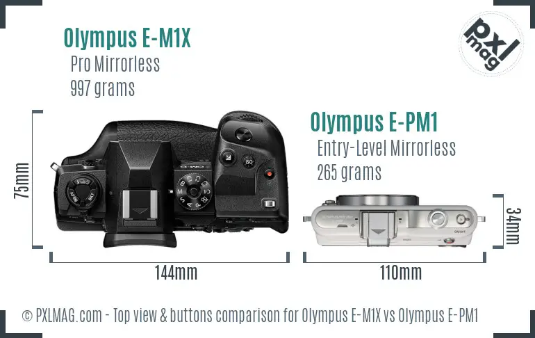 Olympus E-M1X vs Olympus E-PM1 top view buttons comparison
