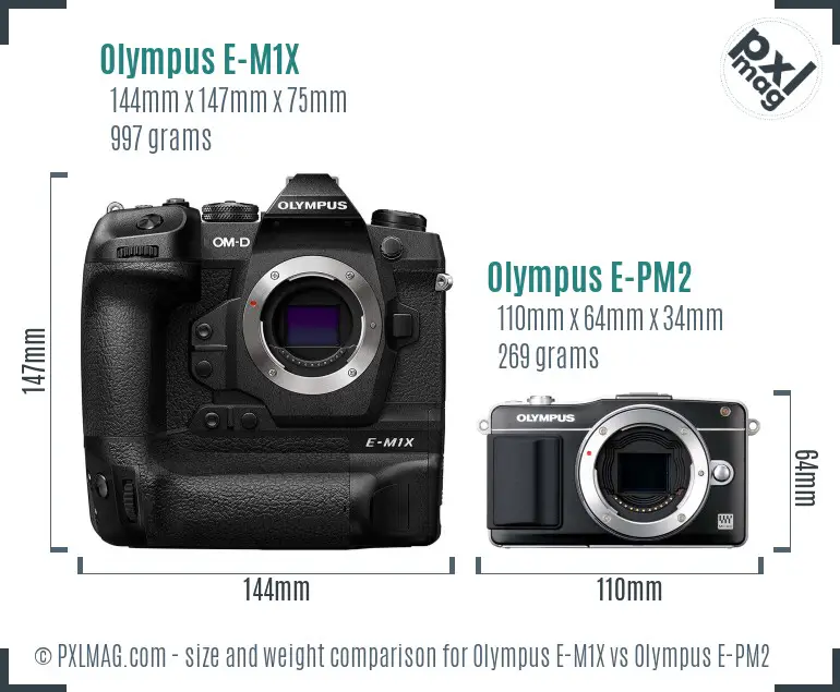 Olympus E-M1X vs Olympus E-PM2 size comparison