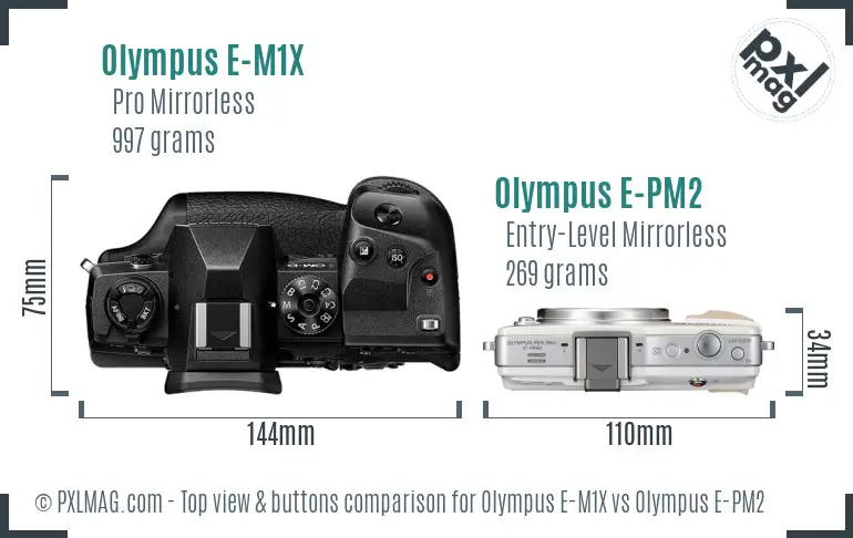 Olympus E-M1X vs Olympus E-PM2 top view buttons comparison
