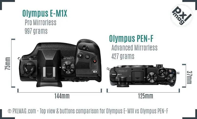 Olympus E-M1X vs Olympus PEN-F top view buttons comparison