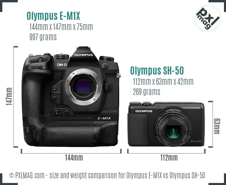 Olympus E-M1X vs Olympus SH-50 size comparison
