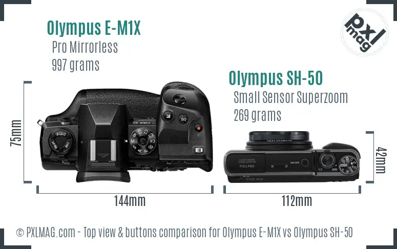 Olympus E-M1X vs Olympus SH-50 top view buttons comparison