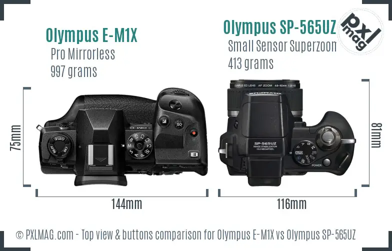 Olympus E-M1X vs Olympus SP-565UZ top view buttons comparison