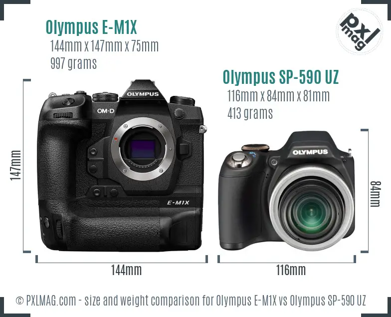 Olympus E-M1X vs Olympus SP-590 UZ size comparison