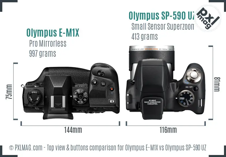 Olympus E-M1X vs Olympus SP-590 UZ top view buttons comparison