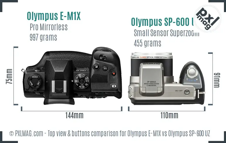 Olympus E-M1X vs Olympus SP-600 UZ top view buttons comparison