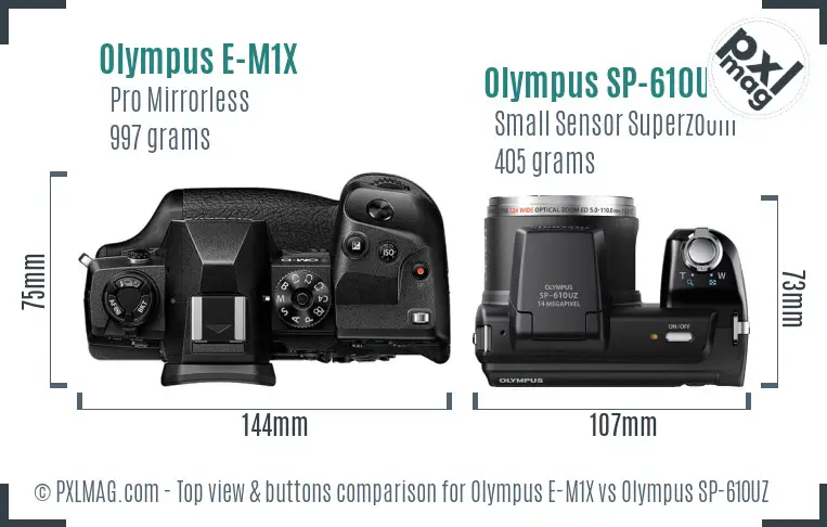 Olympus E-M1X vs Olympus SP-610UZ top view buttons comparison