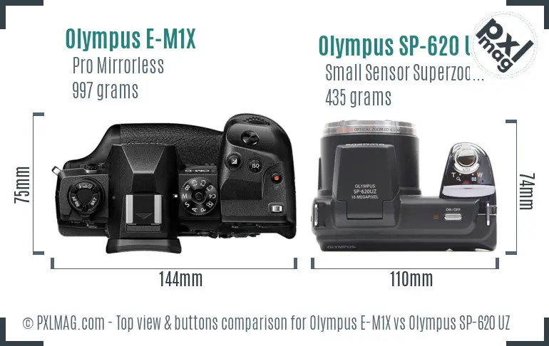 Olympus E-M1X vs Olympus SP-620 UZ top view buttons comparison