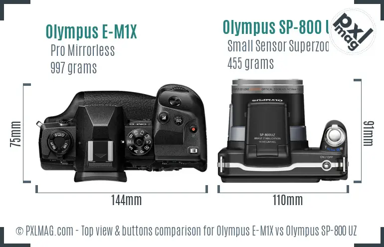 Olympus E-M1X vs Olympus SP-800 UZ top view buttons comparison