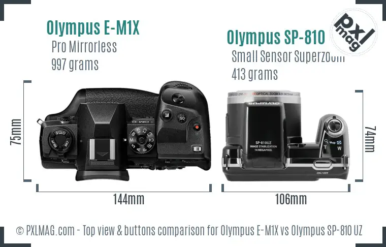 Olympus E-M1X vs Olympus SP-810 UZ top view buttons comparison