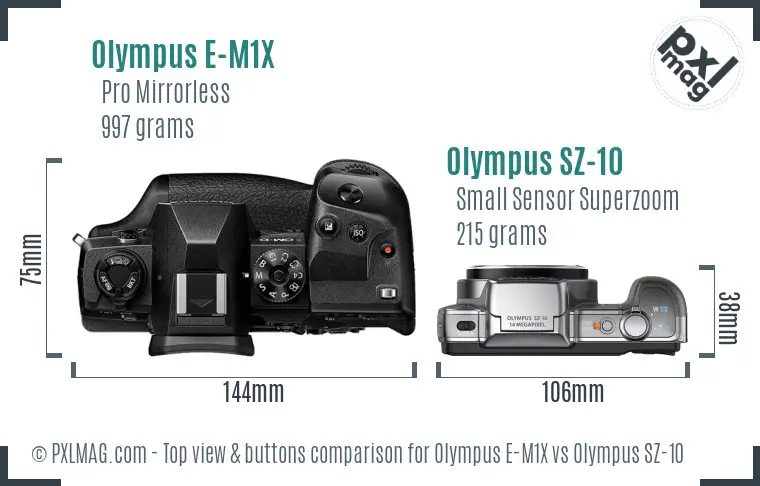 Olympus E-M1X vs Olympus SZ-10 top view buttons comparison
