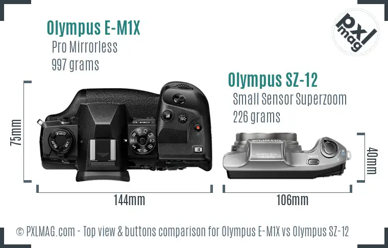 Olympus E-M1X vs Olympus SZ-12 top view buttons comparison