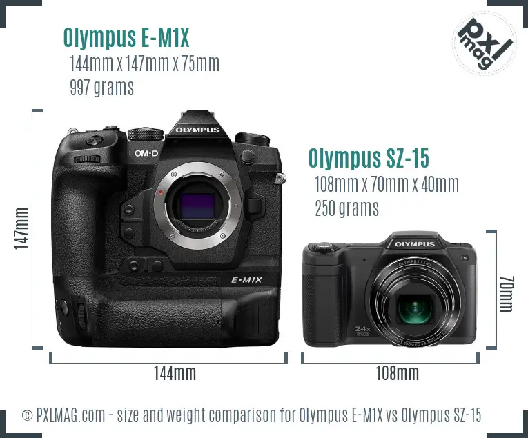 Olympus E-M1X vs Olympus SZ-15 size comparison