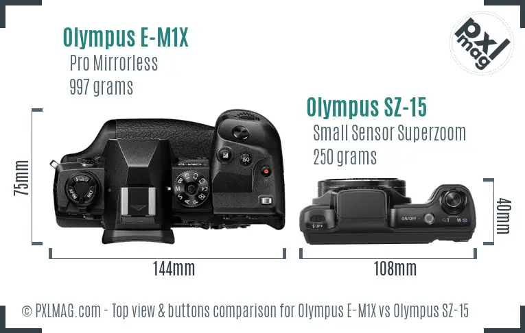 Olympus E-M1X vs Olympus SZ-15 top view buttons comparison