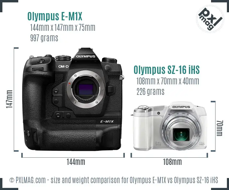 Olympus E-M1X vs Olympus SZ-16 iHS size comparison