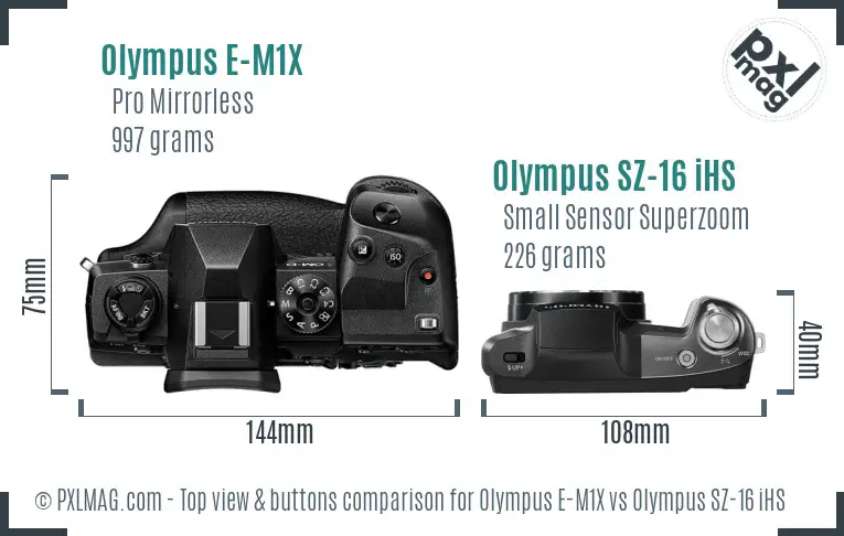 Olympus E-M1X vs Olympus SZ-16 iHS top view buttons comparison