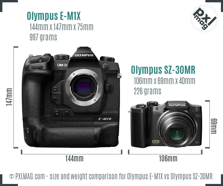 Olympus E-M1X vs Olympus SZ-30MR size comparison