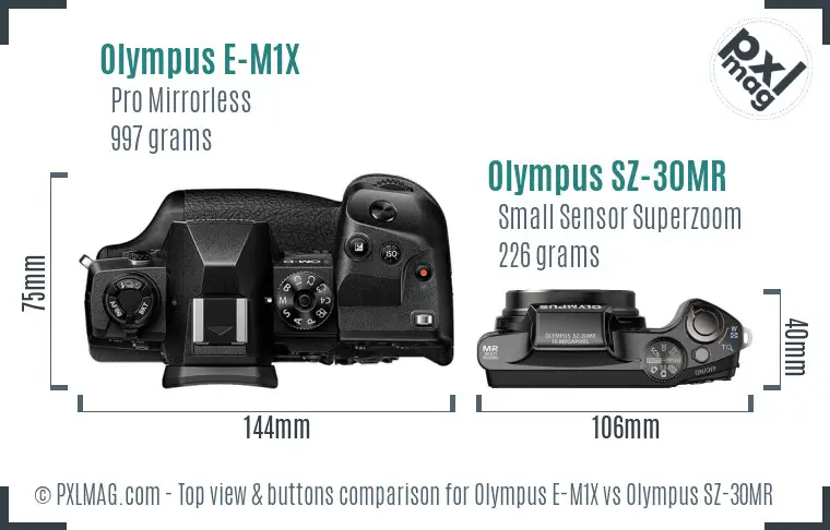Olympus E-M1X vs Olympus SZ-30MR top view buttons comparison