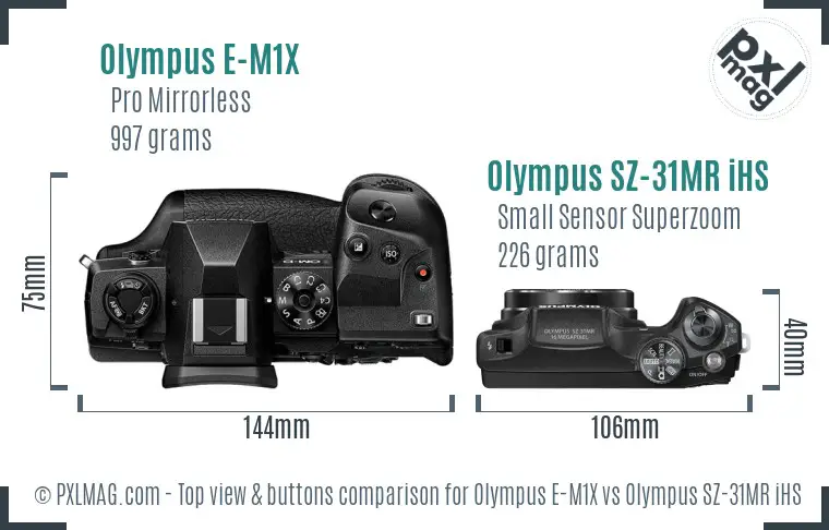 Olympus E-M1X vs Olympus SZ-31MR iHS top view buttons comparison