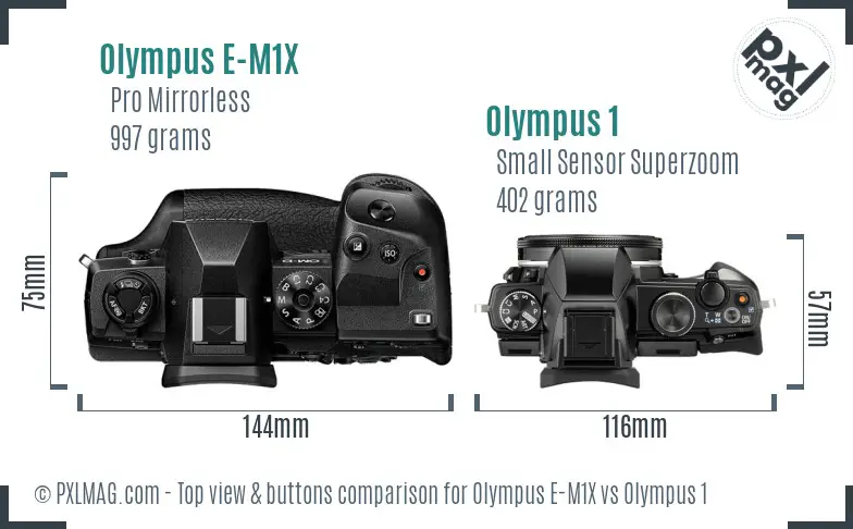 Olympus E-M1X vs Olympus 1 top view buttons comparison