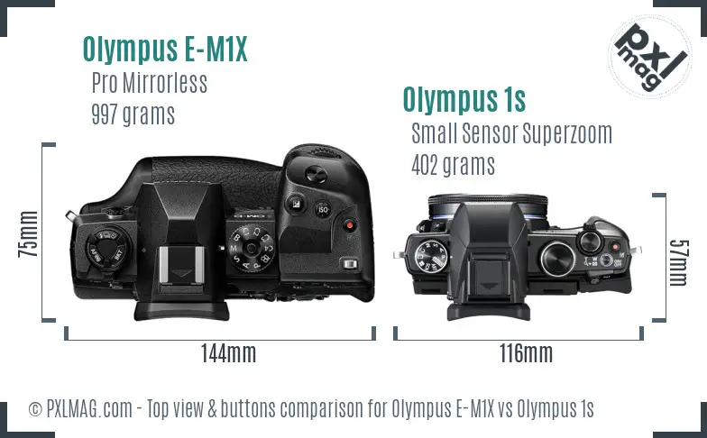 Olympus E-M1X vs Olympus 1s top view buttons comparison