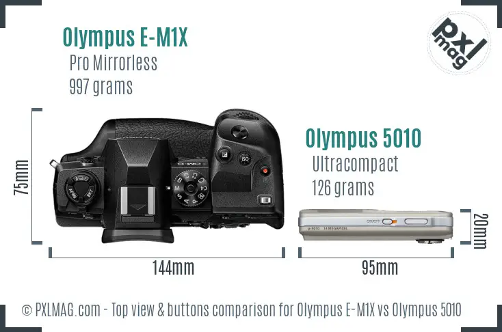 Olympus E-M1X vs Olympus 5010 top view buttons comparison